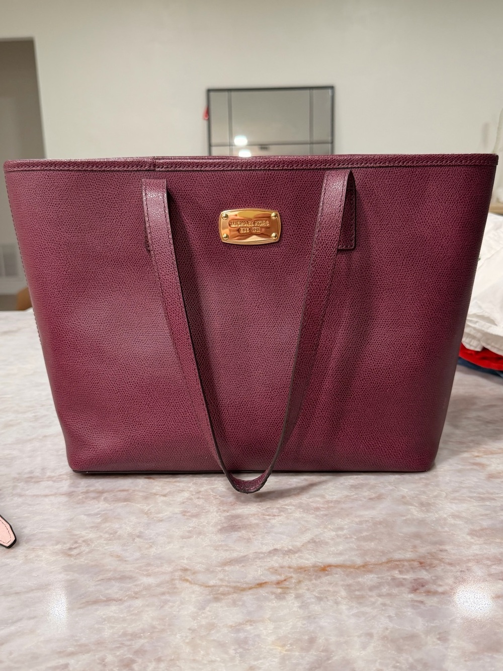 Michael Kors Burgundy Leather Tote with Gold Plaque
